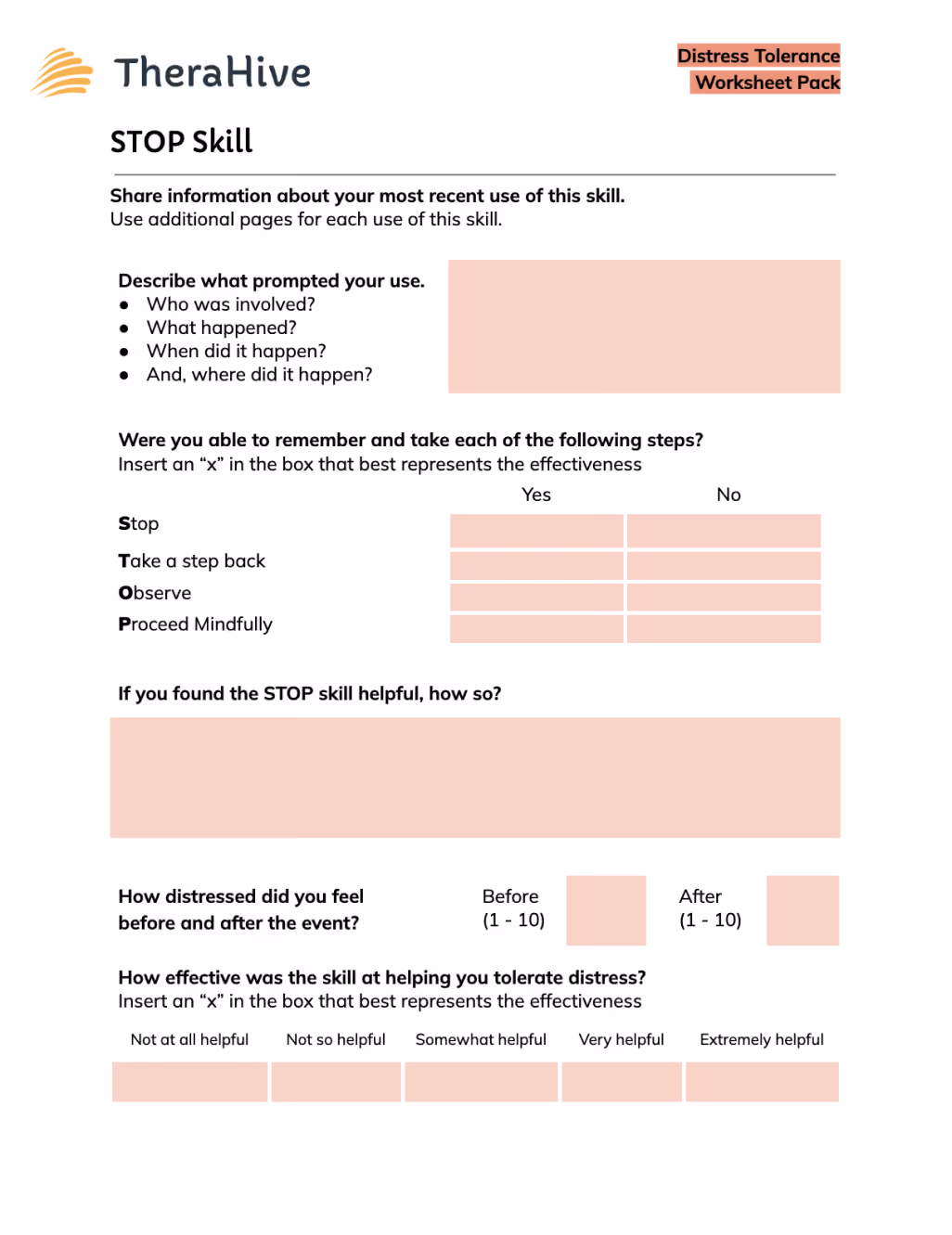 Distress Worksheet image - STOP skill