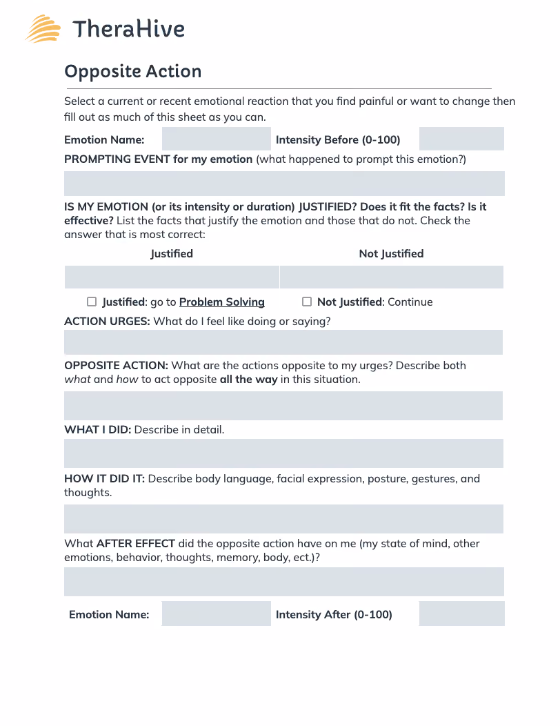 Dialectical Behavior Therapy (DBT) Worksheet for Emotion Regulation - Opposite Action