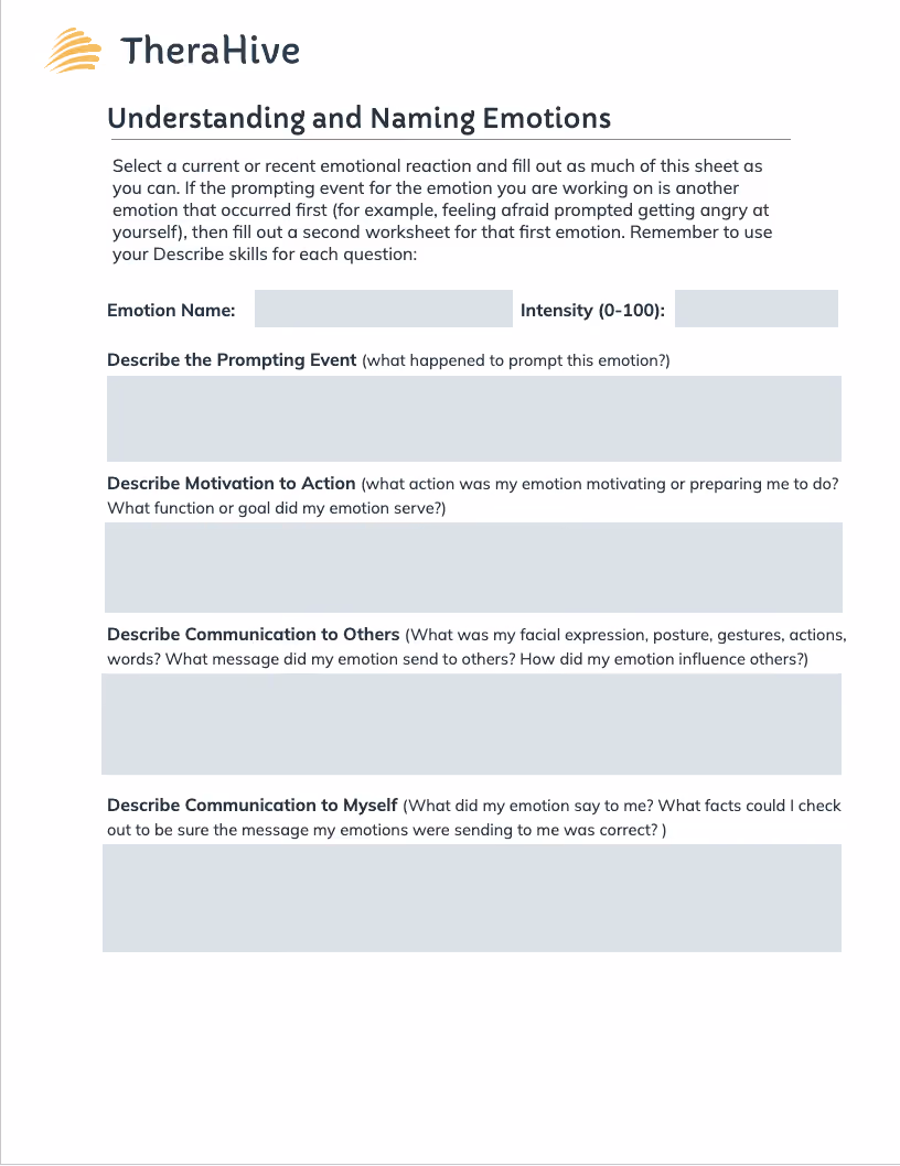 Dialectical Behavior Therapy (DBT) Worksheet for Emotion Regulation - Understanding and Naming Emotions