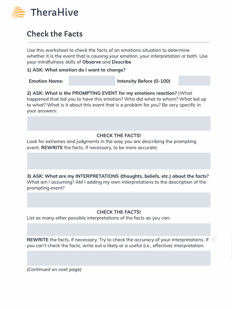 Dialectical Behavior Therapy (DBT) Worksheet for Emotion Regulation - Check The Facts