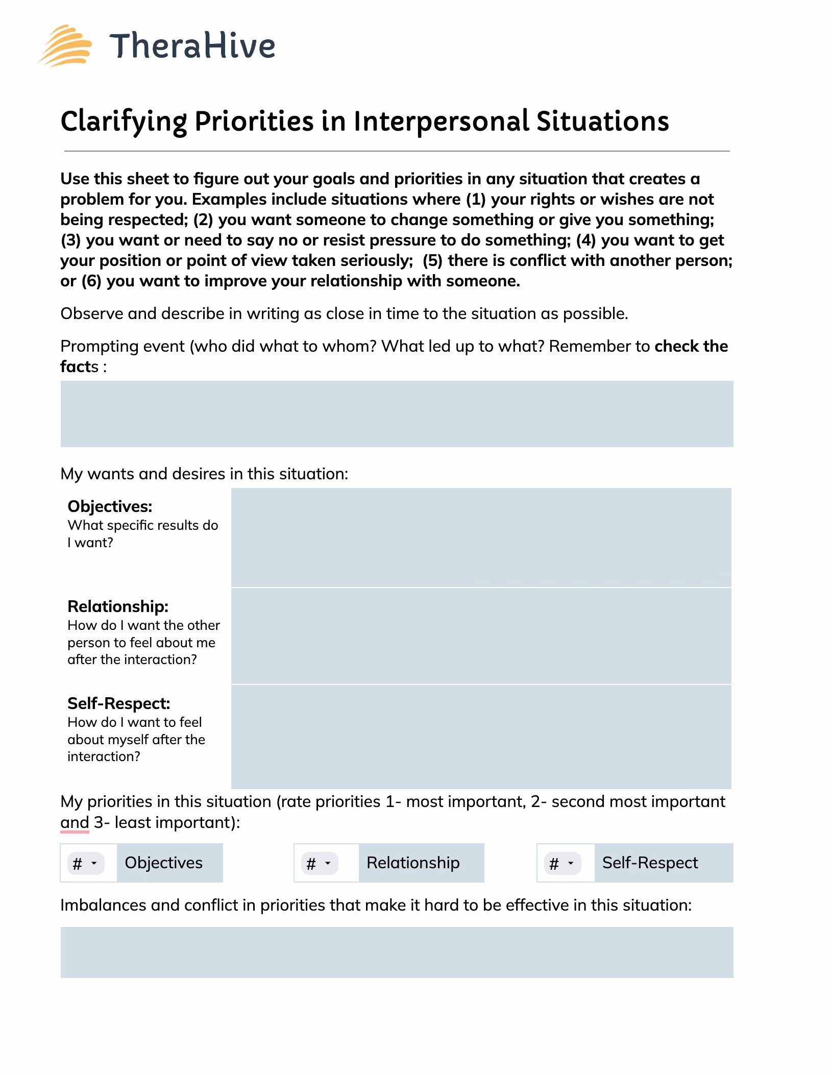 TheraHive Free Resources for DBT (Dialectical Behavior Therapy) - Interpersonal Effectiveness Worksheet