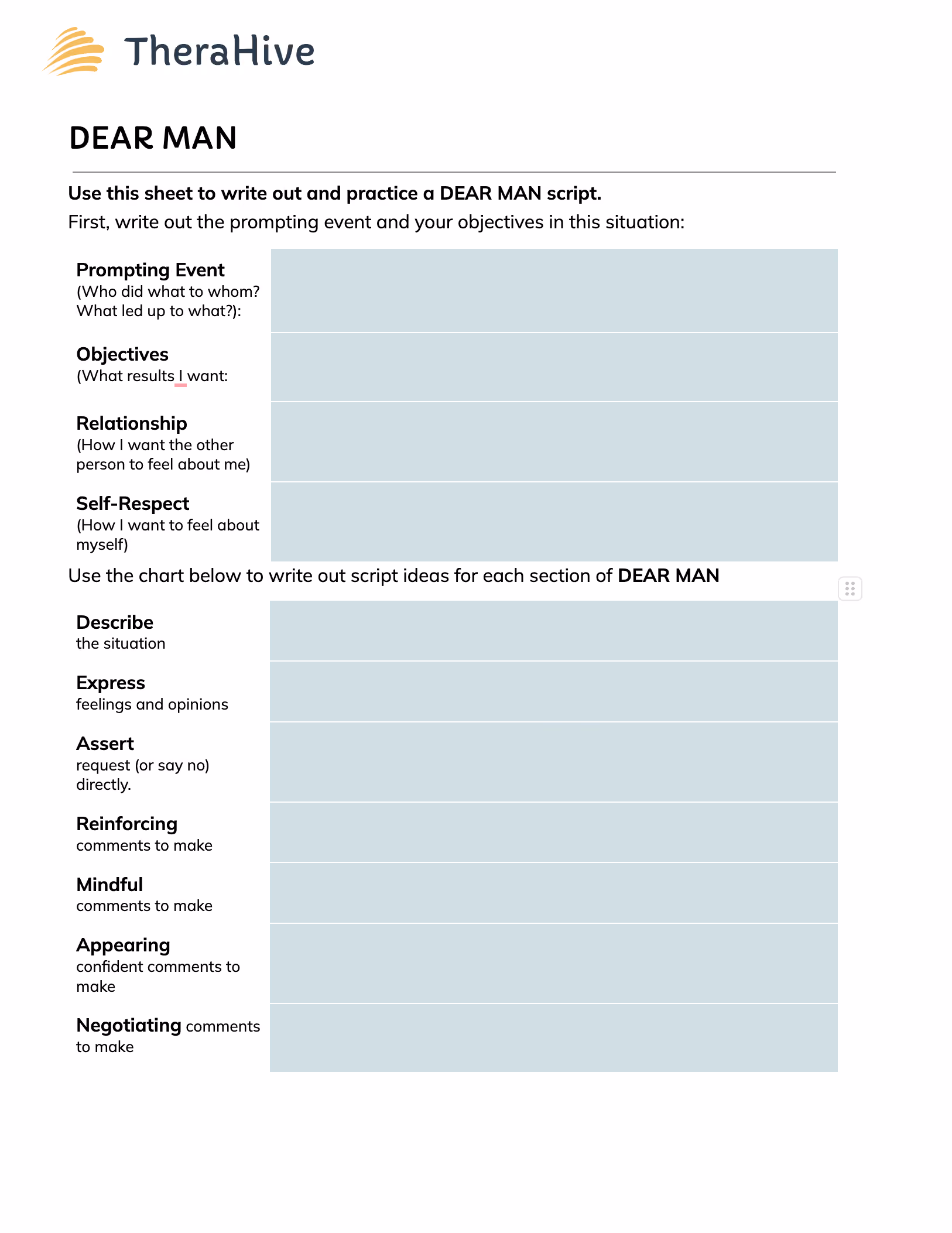 TheraHive Free Resources for DBT (Dialectical Behavior Therapy) - Interpersonal Effectiveness Worksheet