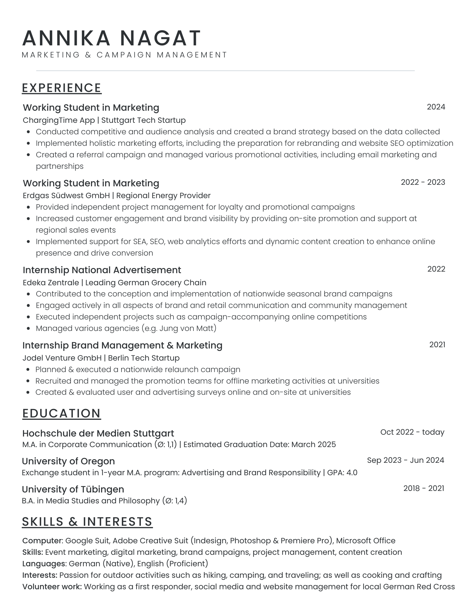 A CV with detailed information