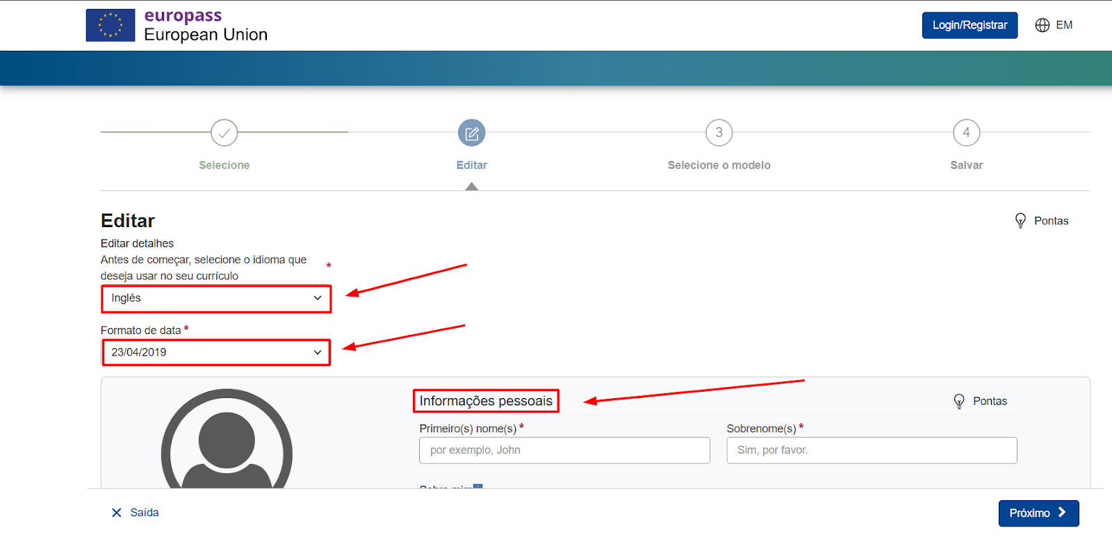 Página de informações pessoais do construtor de currículo