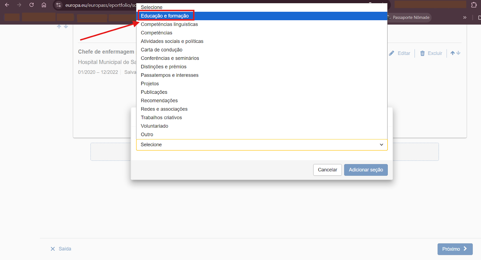 Exemplo de como adicionar a seção de educação na Europass