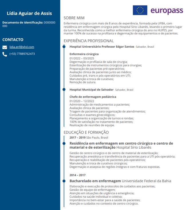 Exemplo de currículo europass para enfermeira cirúrgica.