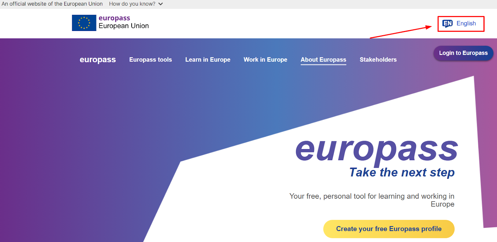Como mudar o idioma na plataforma Europass