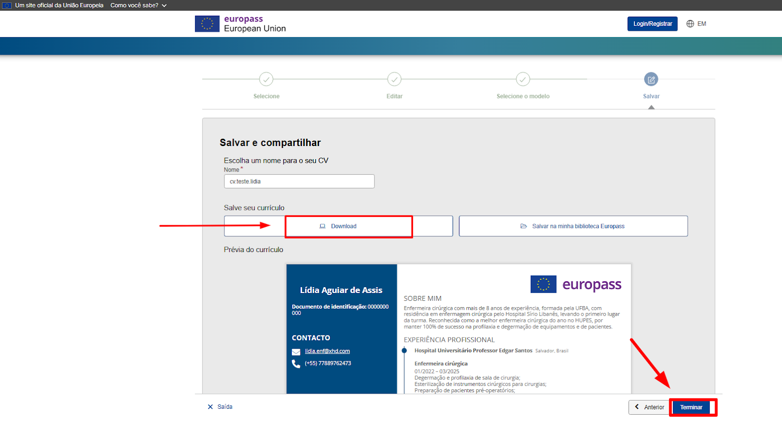 Página para baixar e finalizar a criação do CV Europass