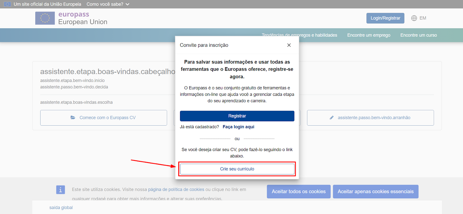 Como escolher criar uma conta ou apenas criar o cv sem iniciar sessão