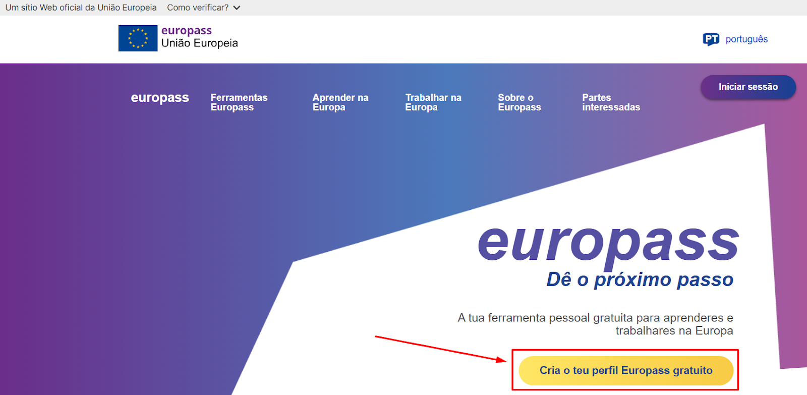 Página inicial Europass, como acessar o construtor de CV