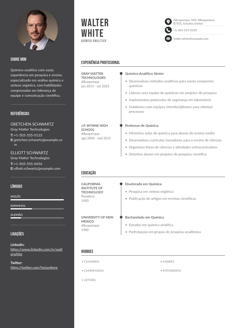 Modelo CV de Químico Analítico competitivo e fácil de copiar