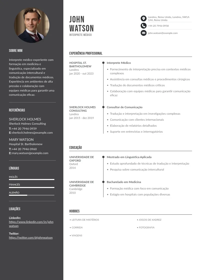 Modelo de CV de Intérprete Médico para cativar recrutadores