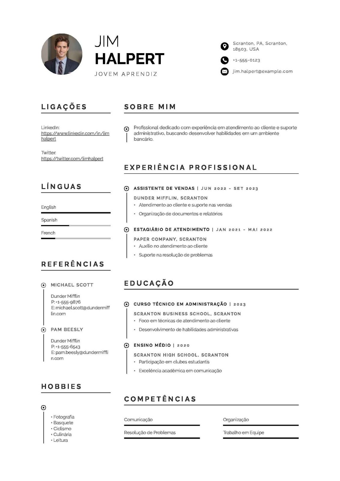 CV de jovem aprendiz de atendimento ao cliente em banco