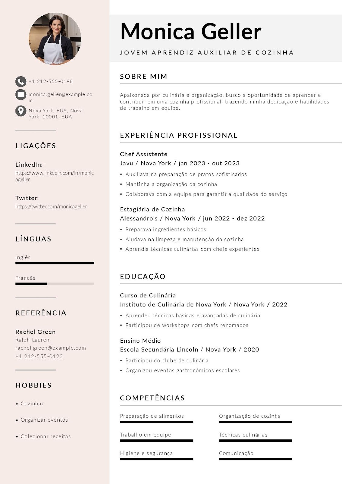 CV de jovem aprendiz auxiliar de cozinha