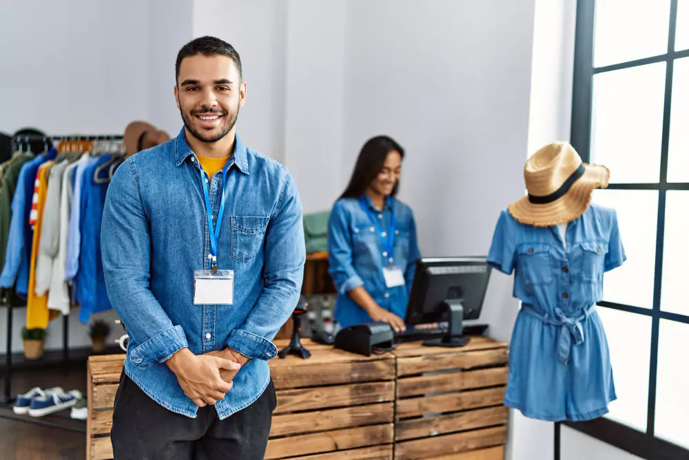 Dois lojistas latinos trabalhando em uma loja de roupas Homem sorrindo feliz em pé