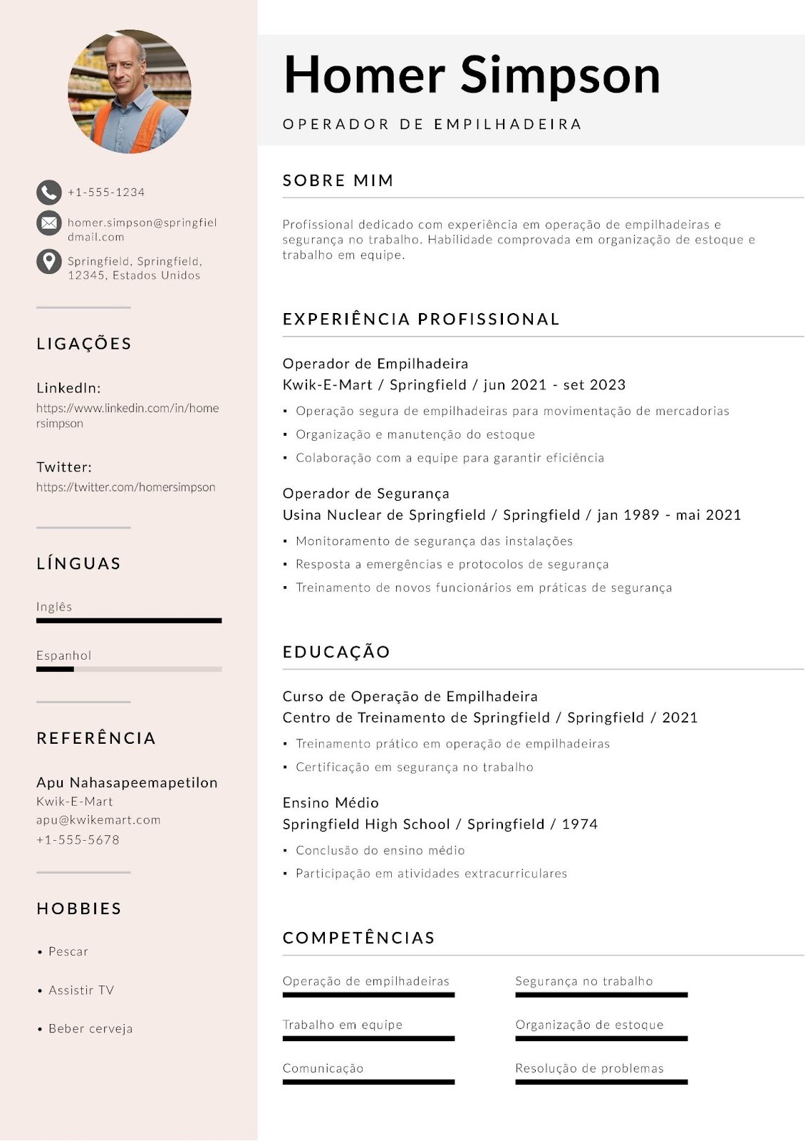 CV de operador de empilhadeira de supermercado