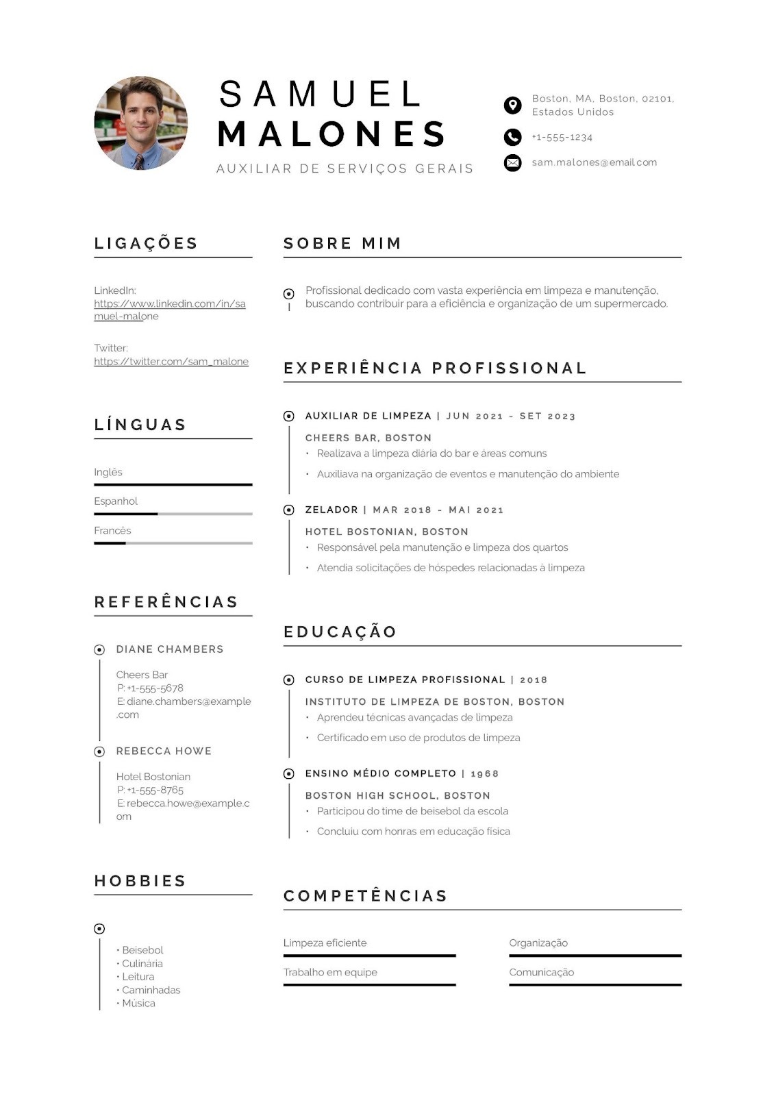 Modelo de currículo para auxiliar de serviços gerais de supermercado