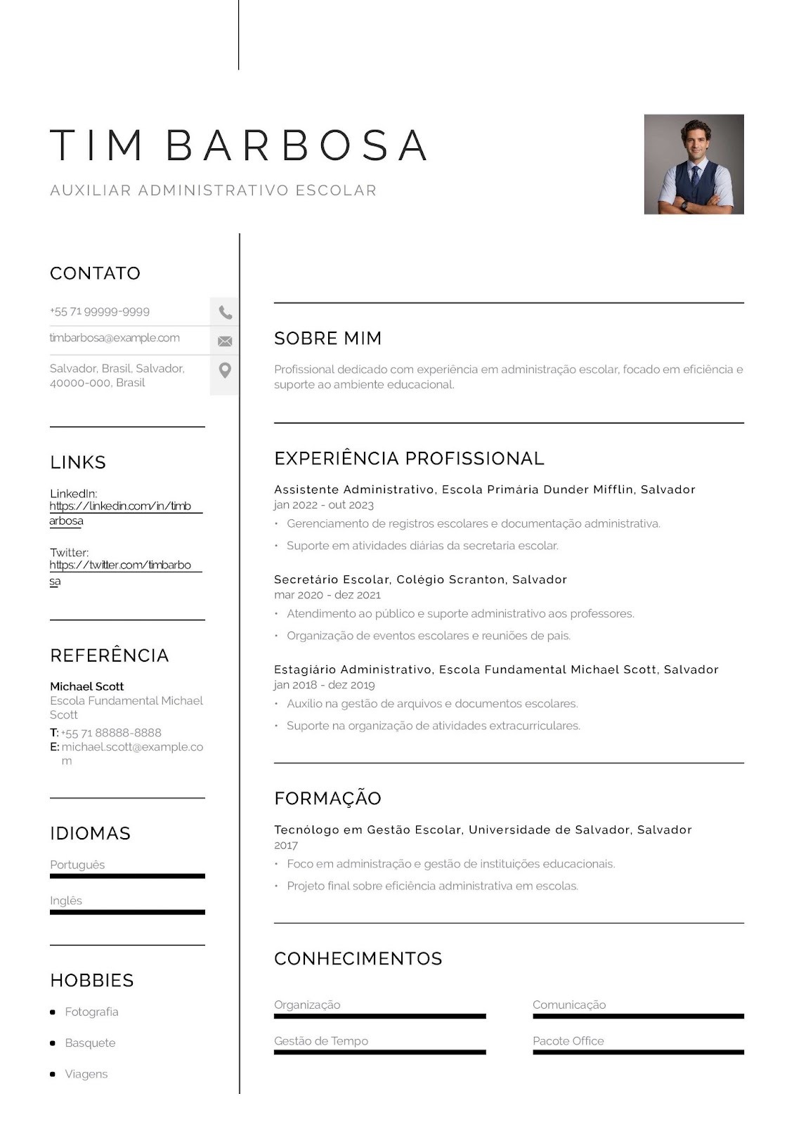 Exemplo de CV de auxiliar administrativo escolar