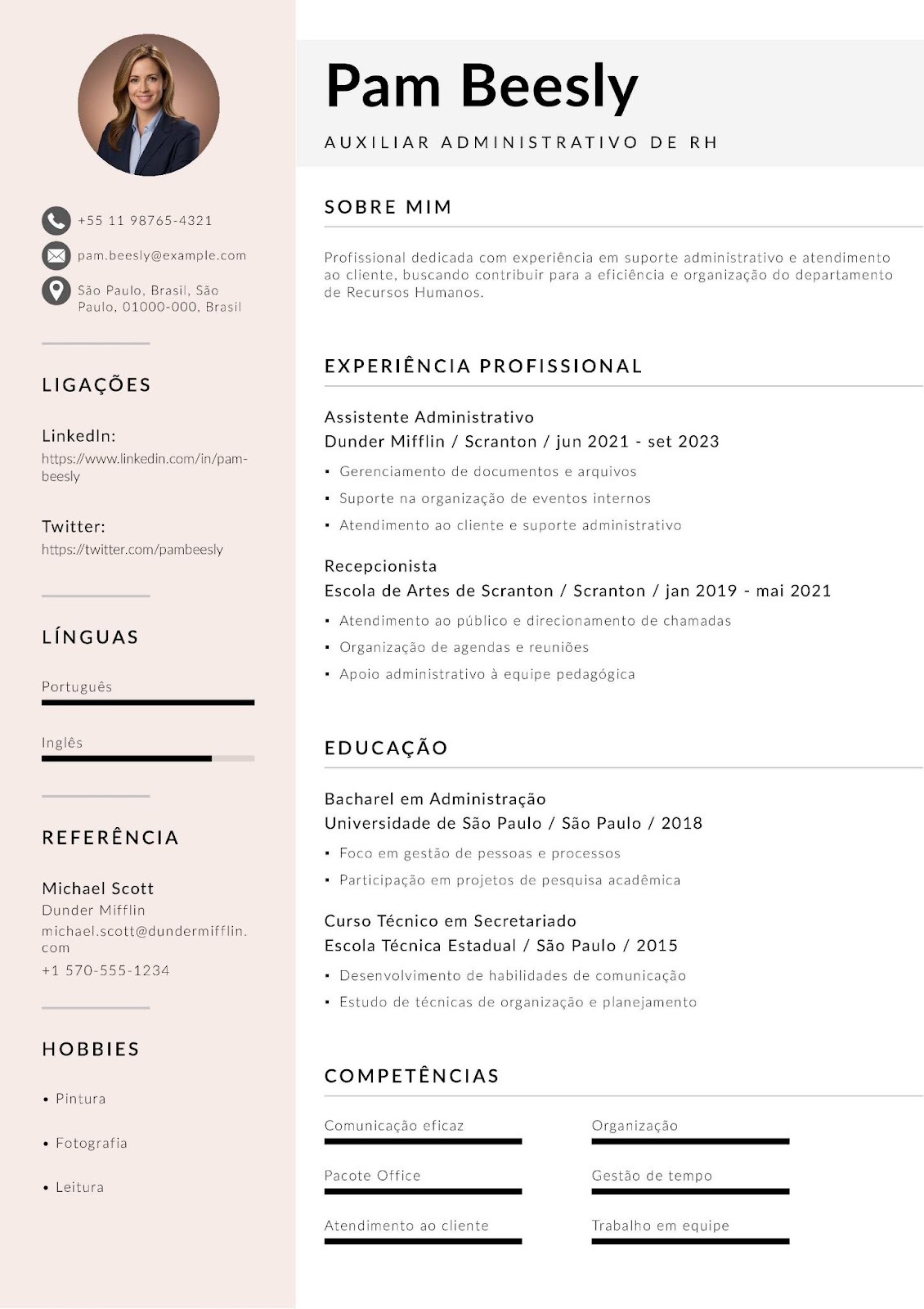 Modelo de currículo de auxiliar administrativo de recursos humanos