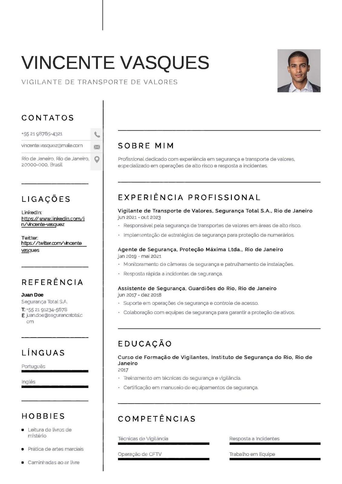 Modelo de CV de vigilante de transporte de valores e numerários