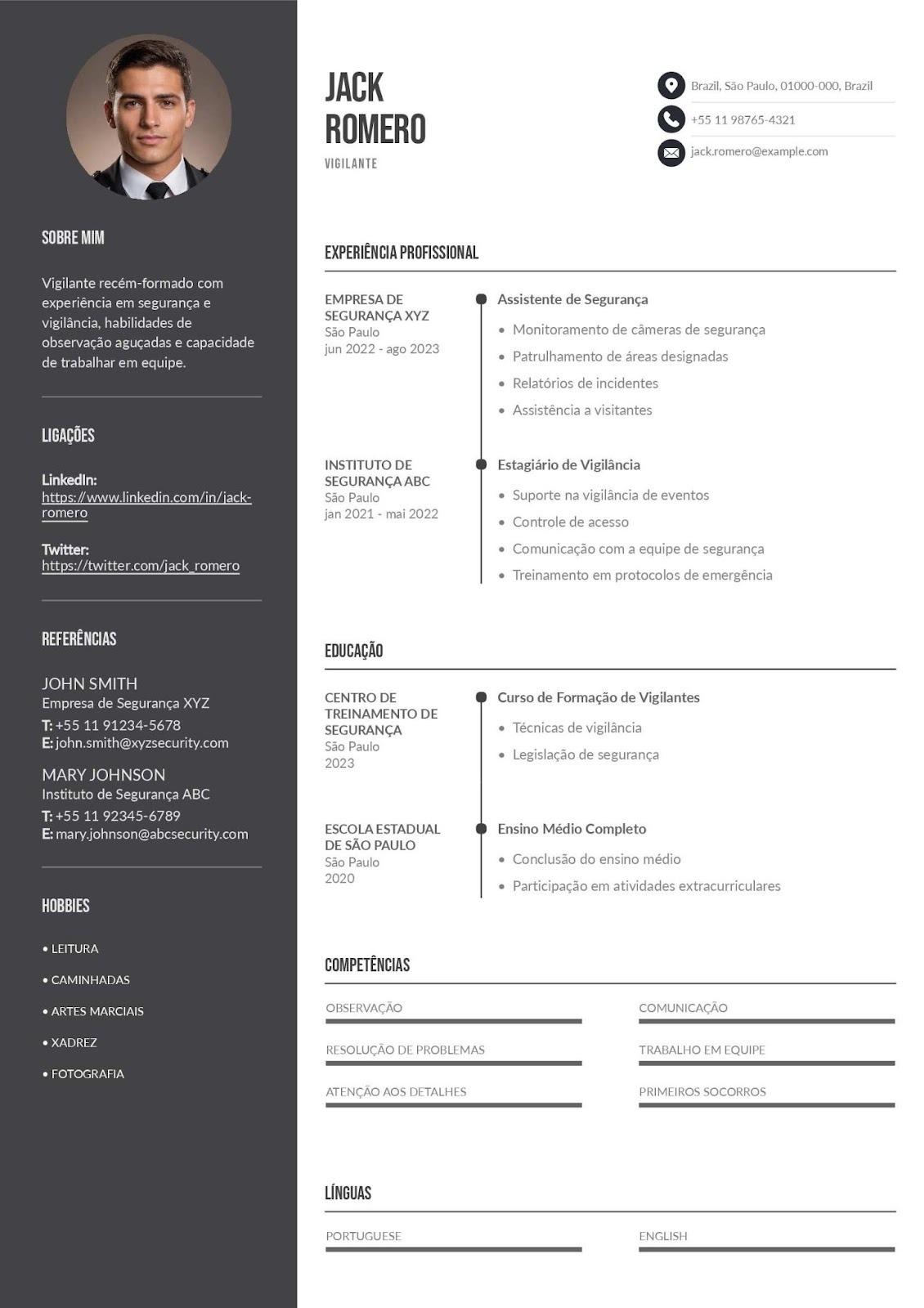 Modelo de CV de vigilante recém-formado