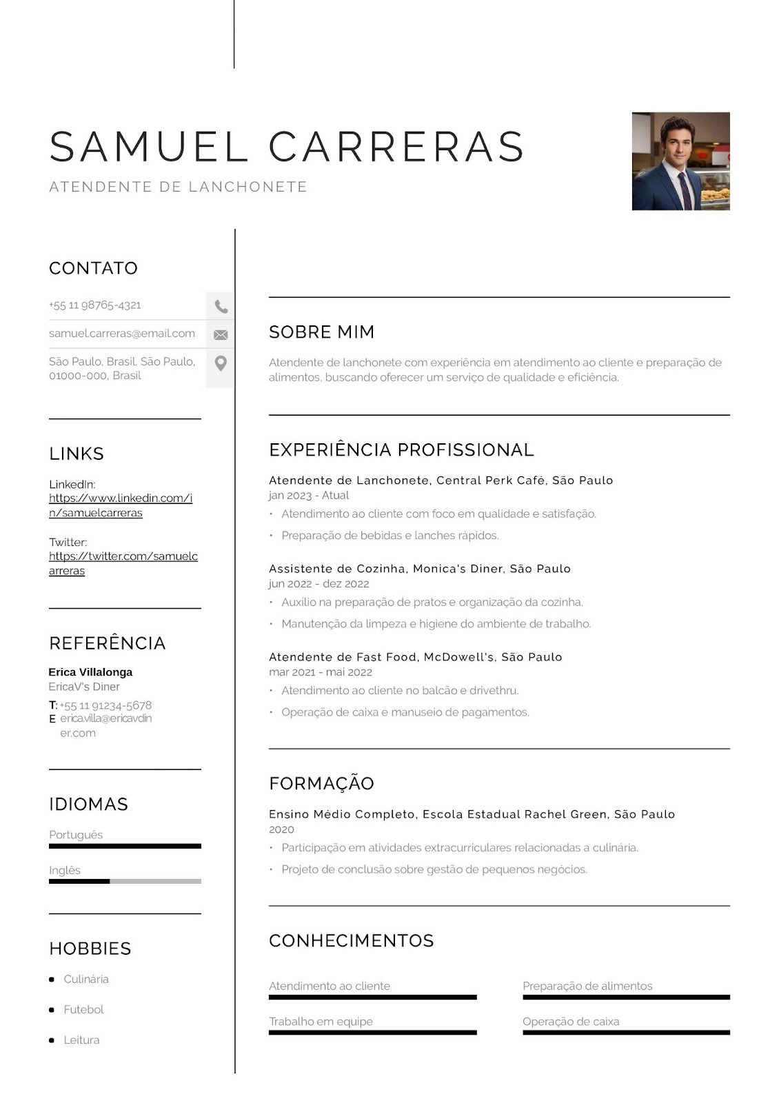 Modelo de currículo de atendente de lanchonete e fast food