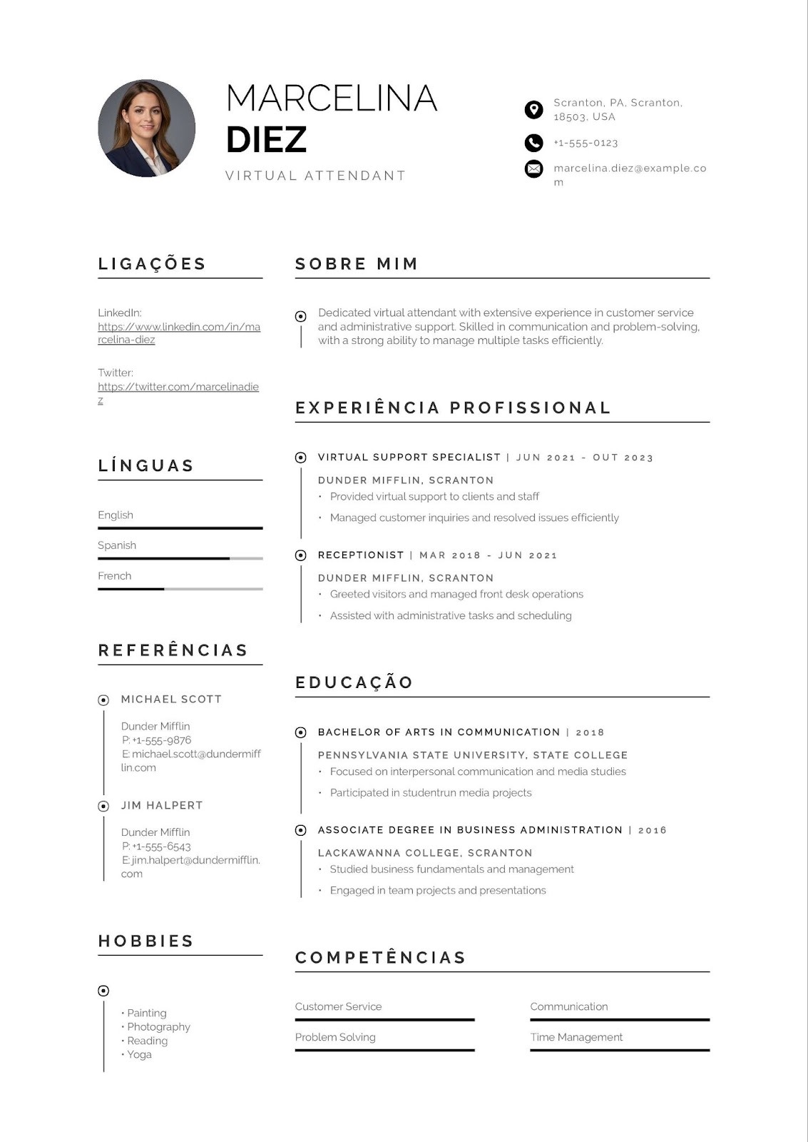 Modelo de CV de atendente virtual e de suporte