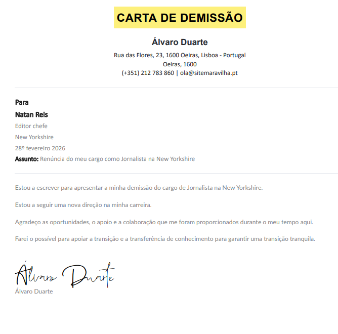 Modelo de carta de demissão por mudança de carreira.