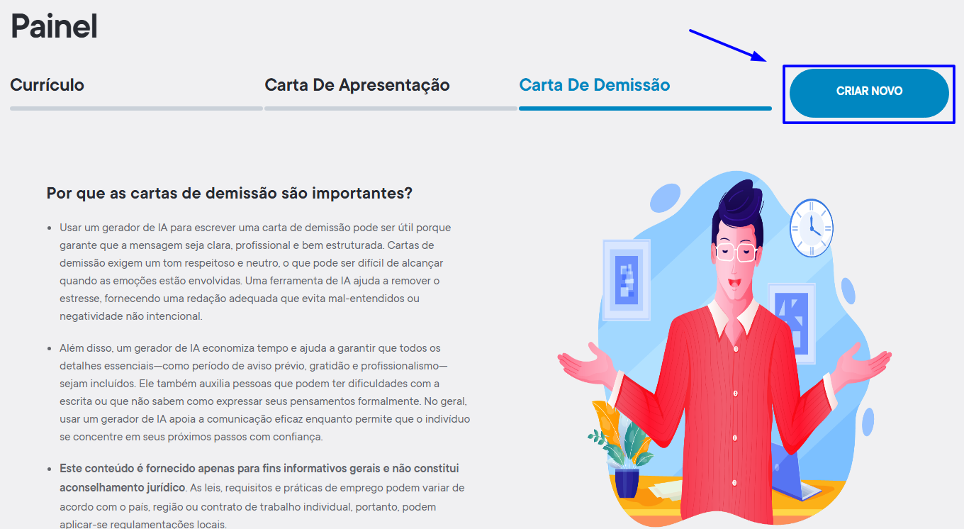 Painel do gerador de carta de demissão