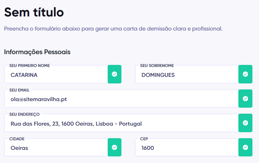 Campos de informações pessoais do gerador de cartas de demissão