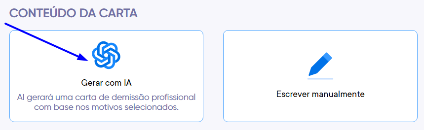 Imagem da escolha do modo de criação de carta de demissão com IA.