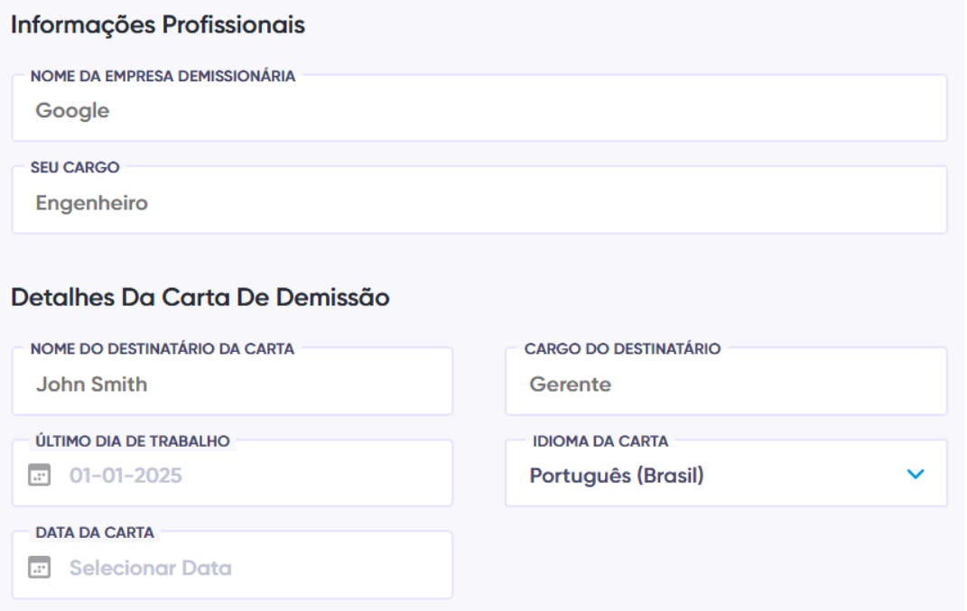 Campos de informações sobre a carta de demissão