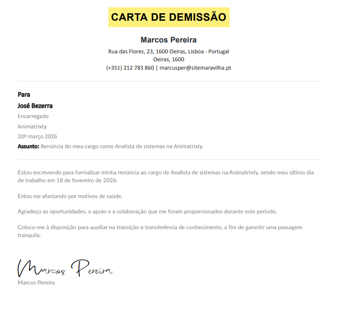 Modelo de carta de demissão por motivos de saúde