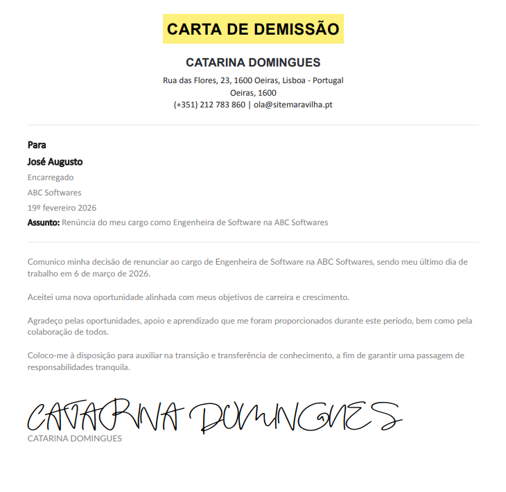 Modelo de carta de demissão por mudança de emprego