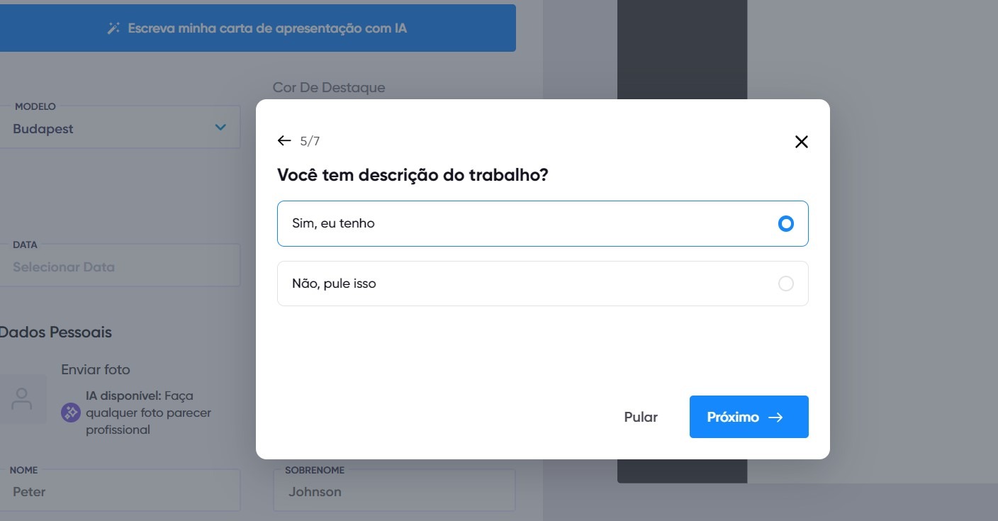 Opção de colocar a descrição da vaga desejada pelo candidato