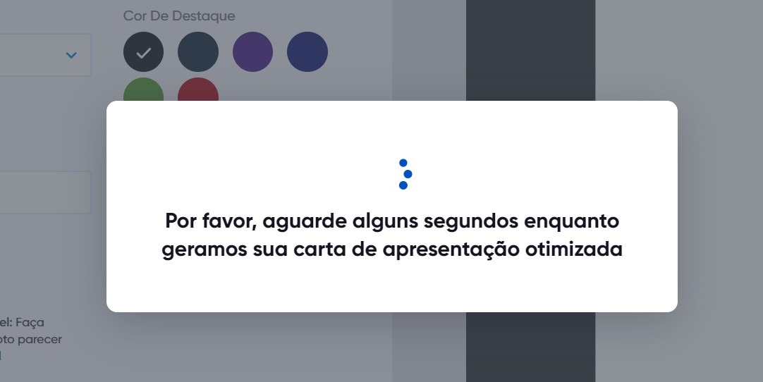Tela de espera durante a geração da carta de apresentação com IA