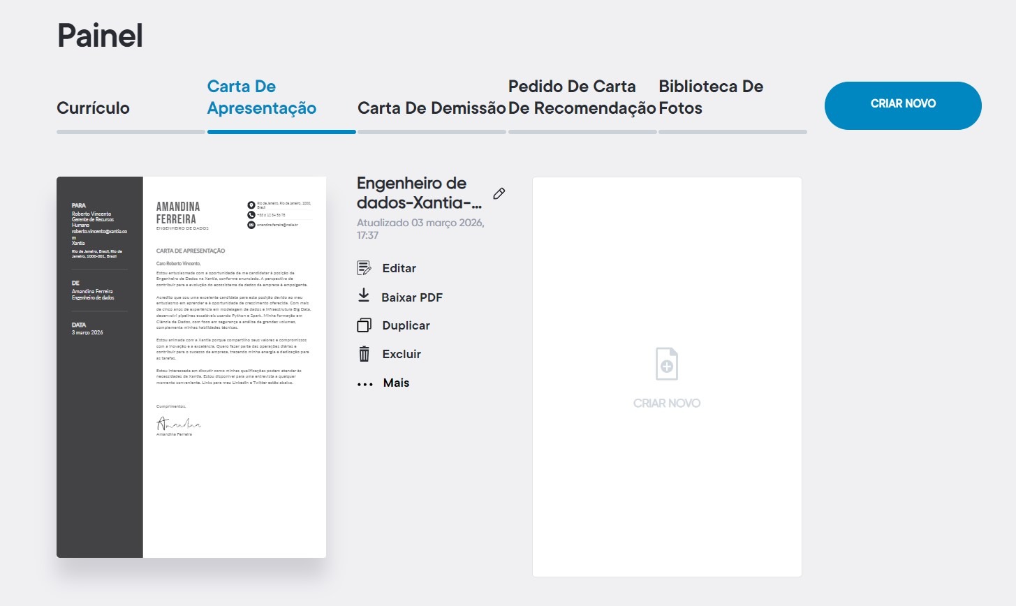 Painel de gestão de cartas de apresentação criadas com IA