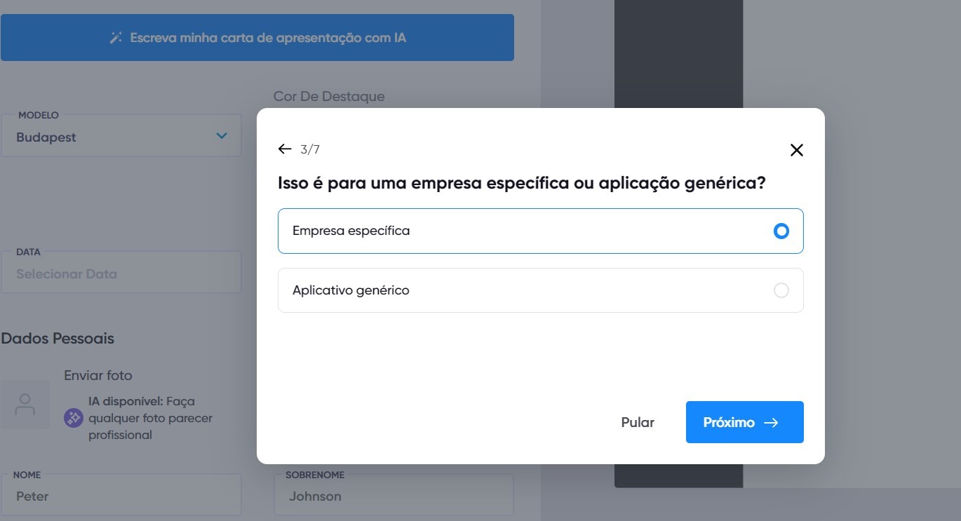 Botões de escolha entre incluir ou não o nome da empresa.