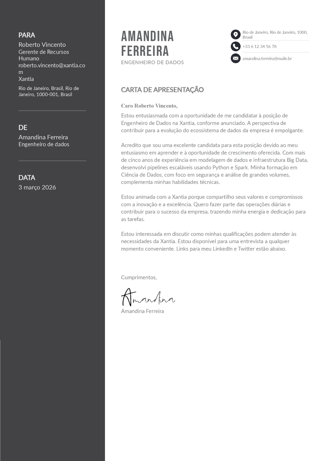 Exemplo de carta de apresentação personalizada (IA)