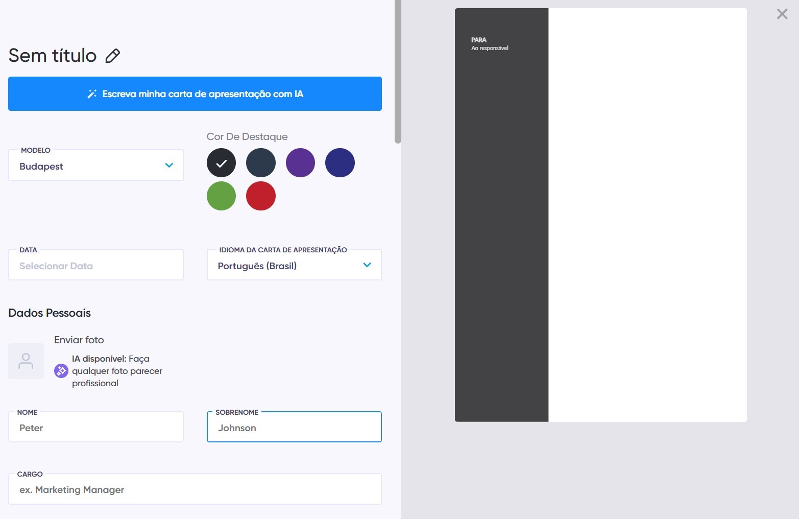 Captura de tela do gerador de carta de apresentação com inteligência artificial.