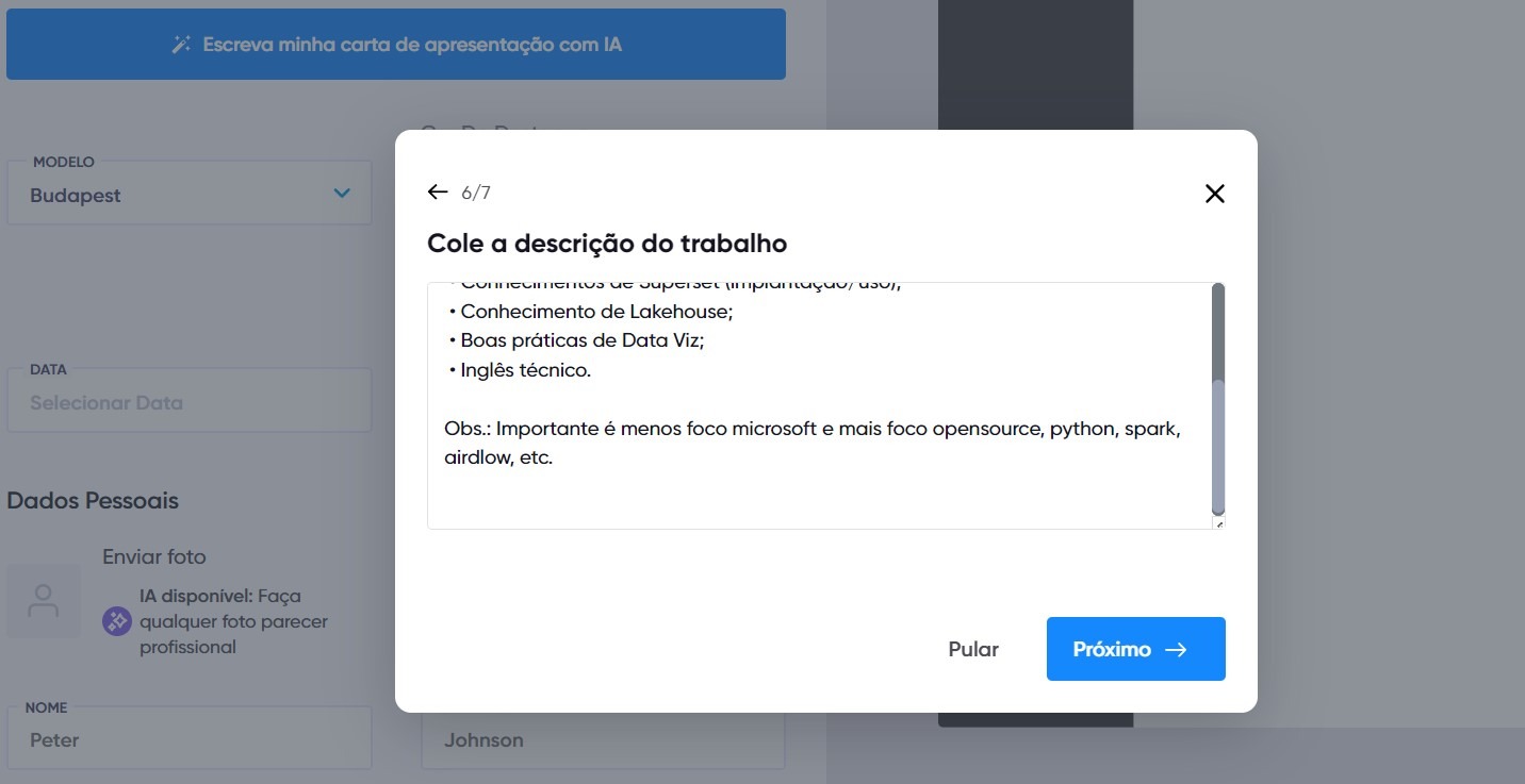 Campo para adicionar a descrição da vaga