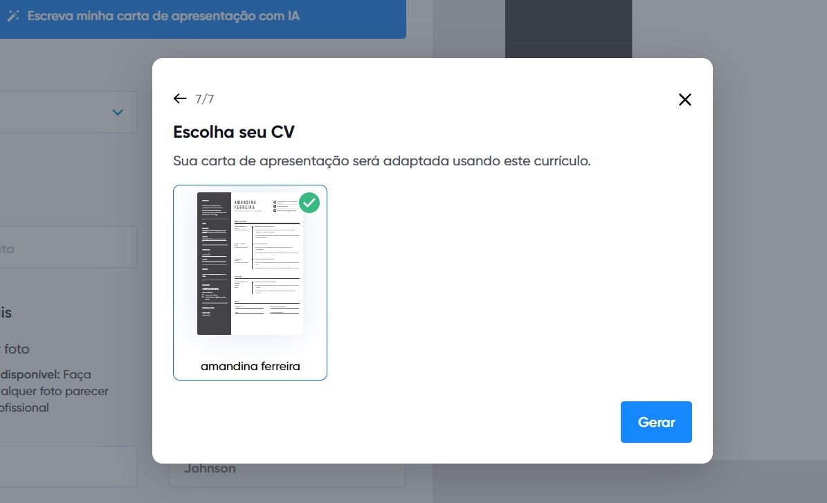 Botão para escolher um currículo como base para a carta de apresentação