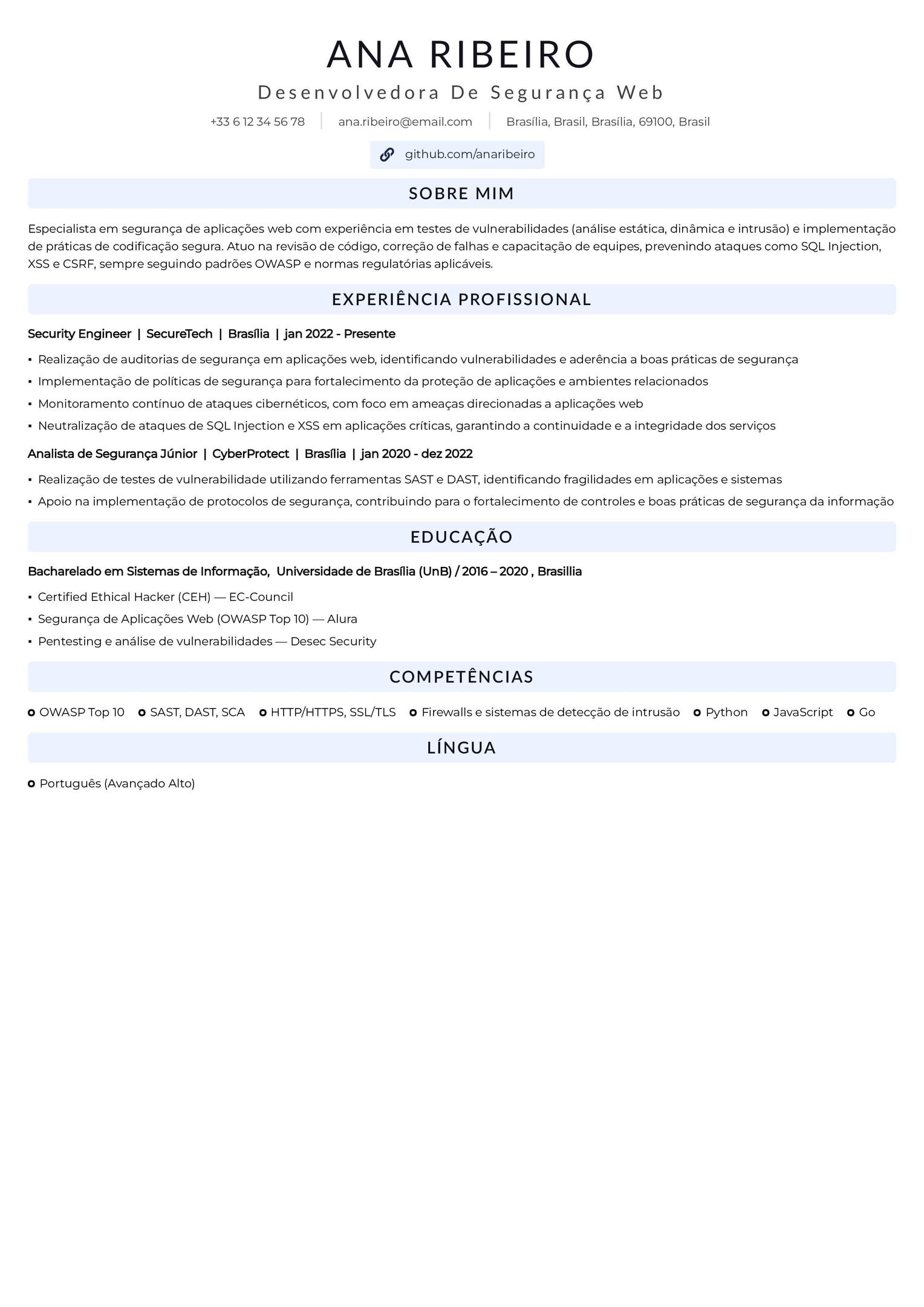 Modelo pronto de currículo de desenvolvedor de cibersegurança