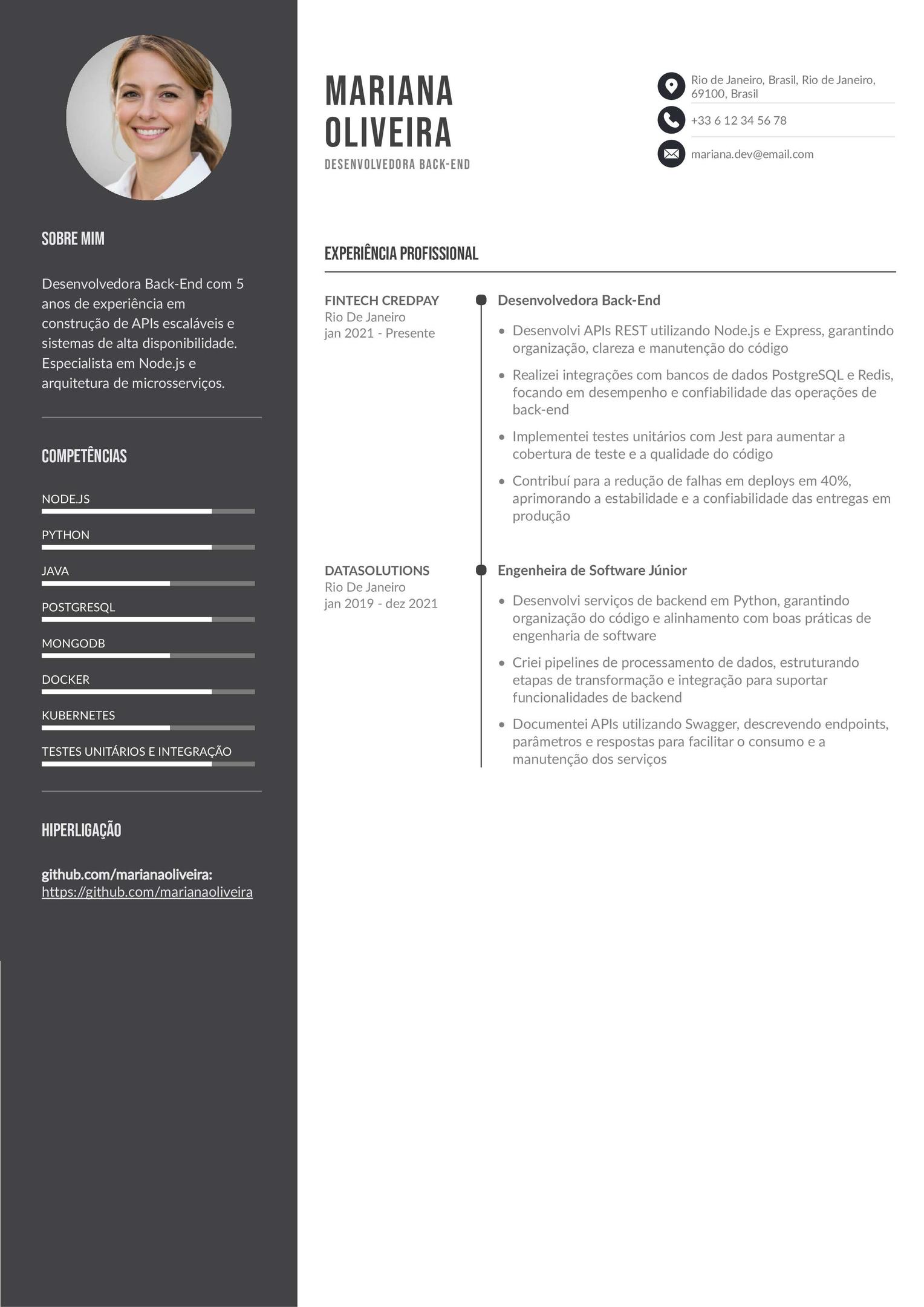 Exemplo de currículo de desenvolvedor back-end