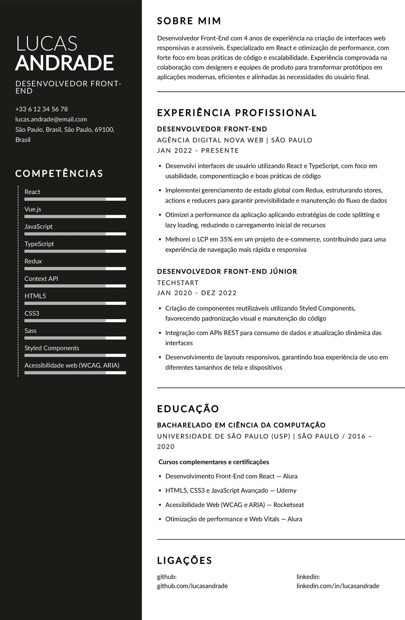 Exemplo de currículo de desenvolvedor front-end