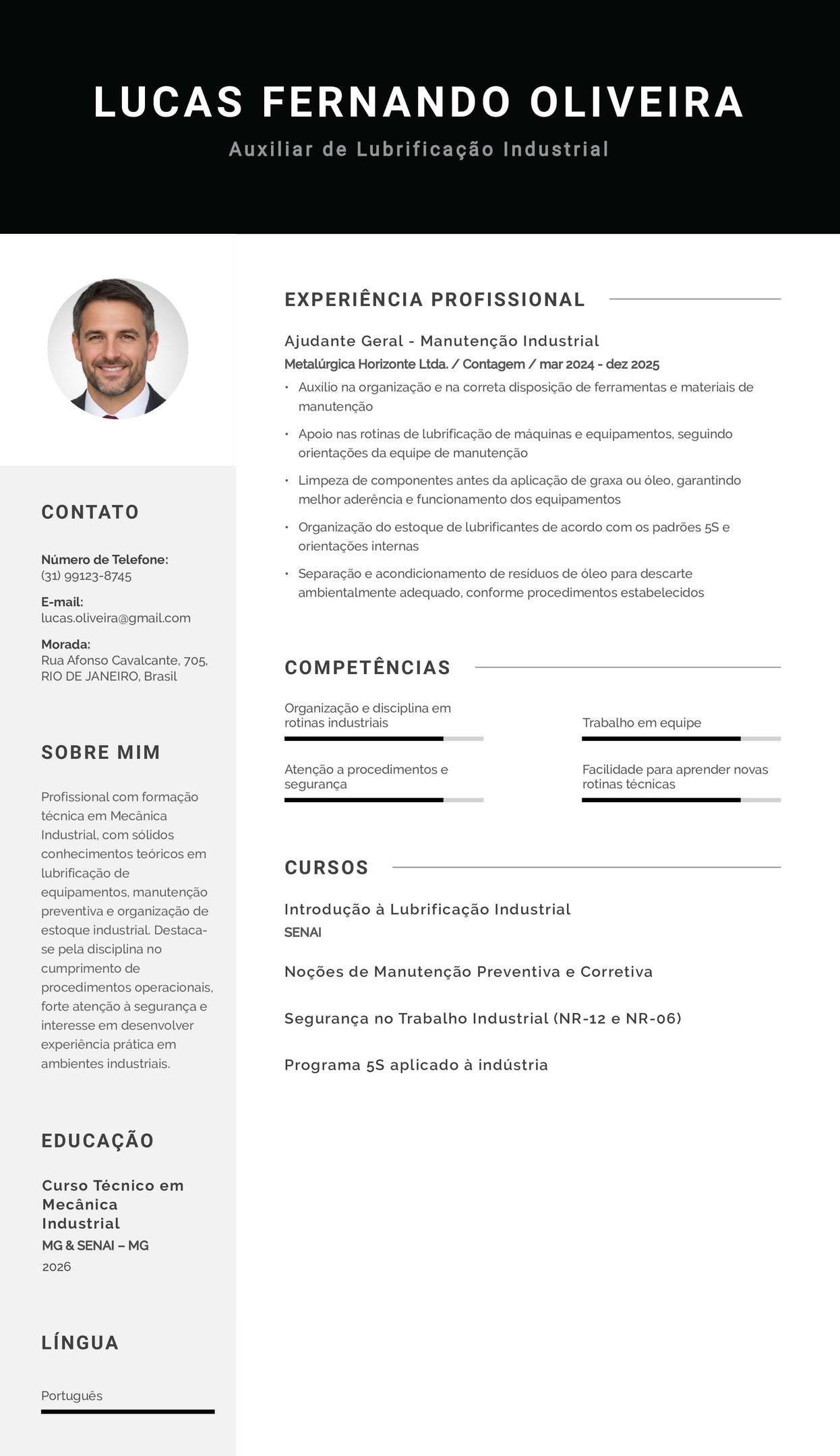 Exemplo de currículo de auxiliar de lubrificação industrial