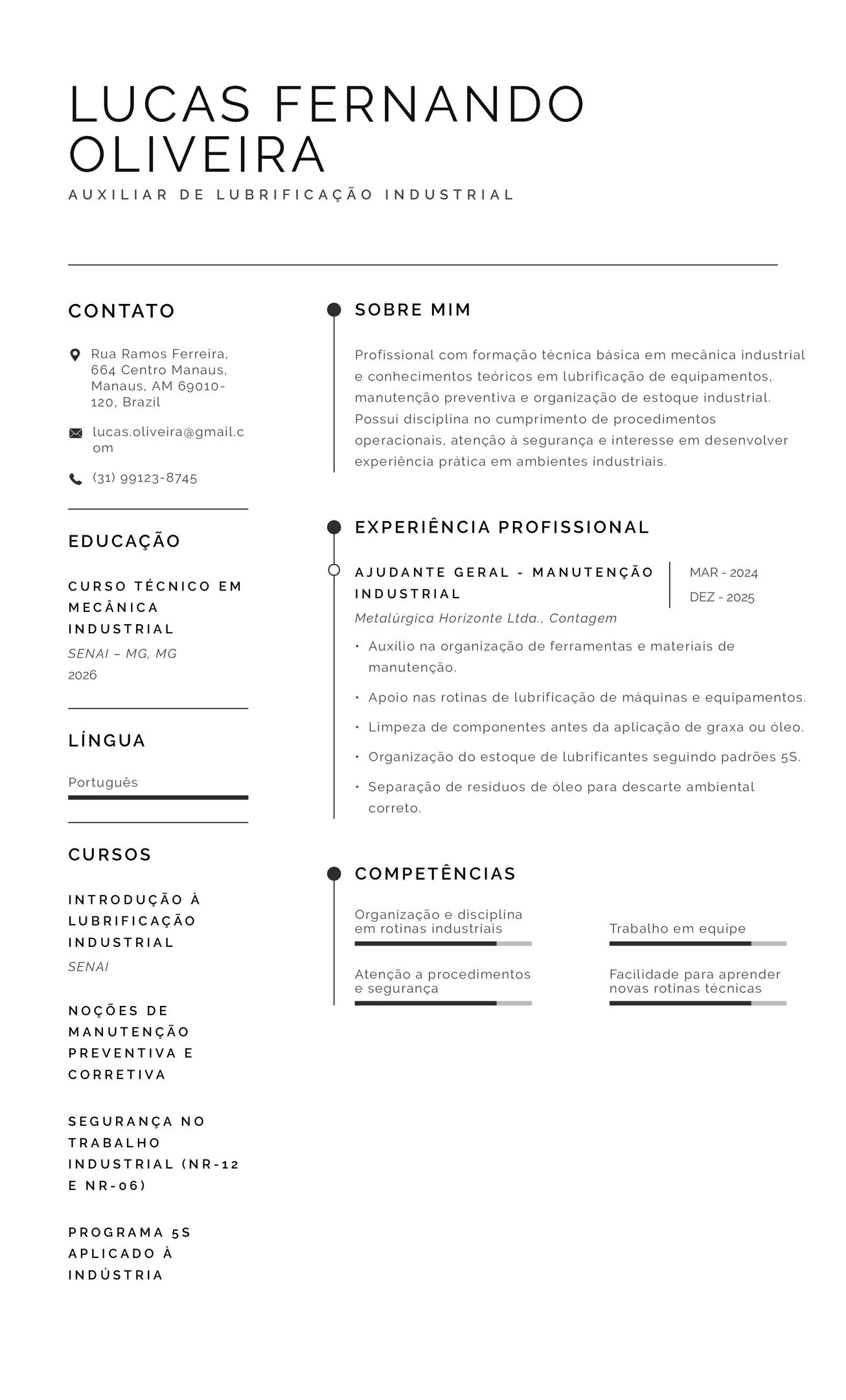 Modelo de CV de lubrificador automotivo