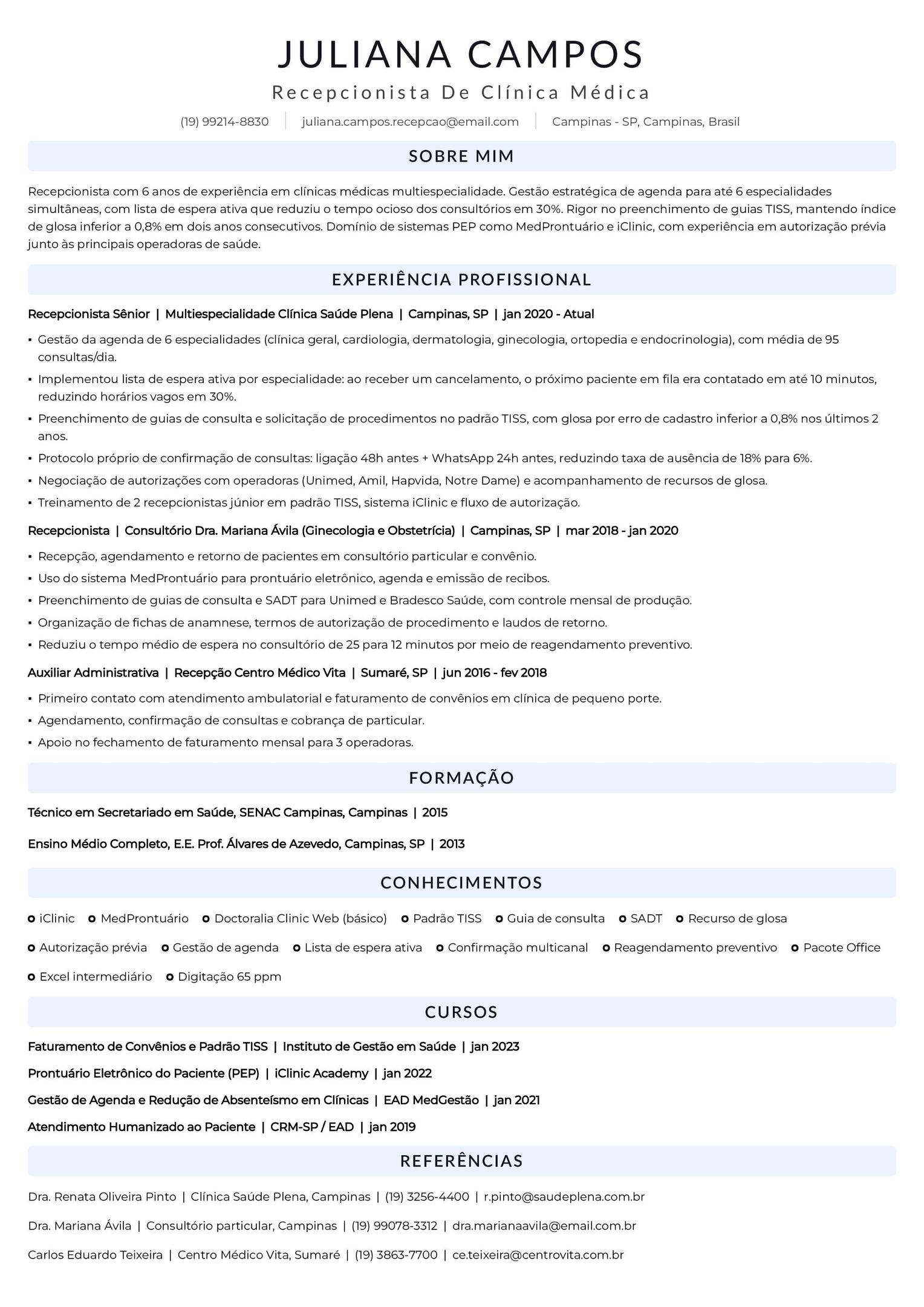 Exemplo de currículo de recepcionista de clínica médica