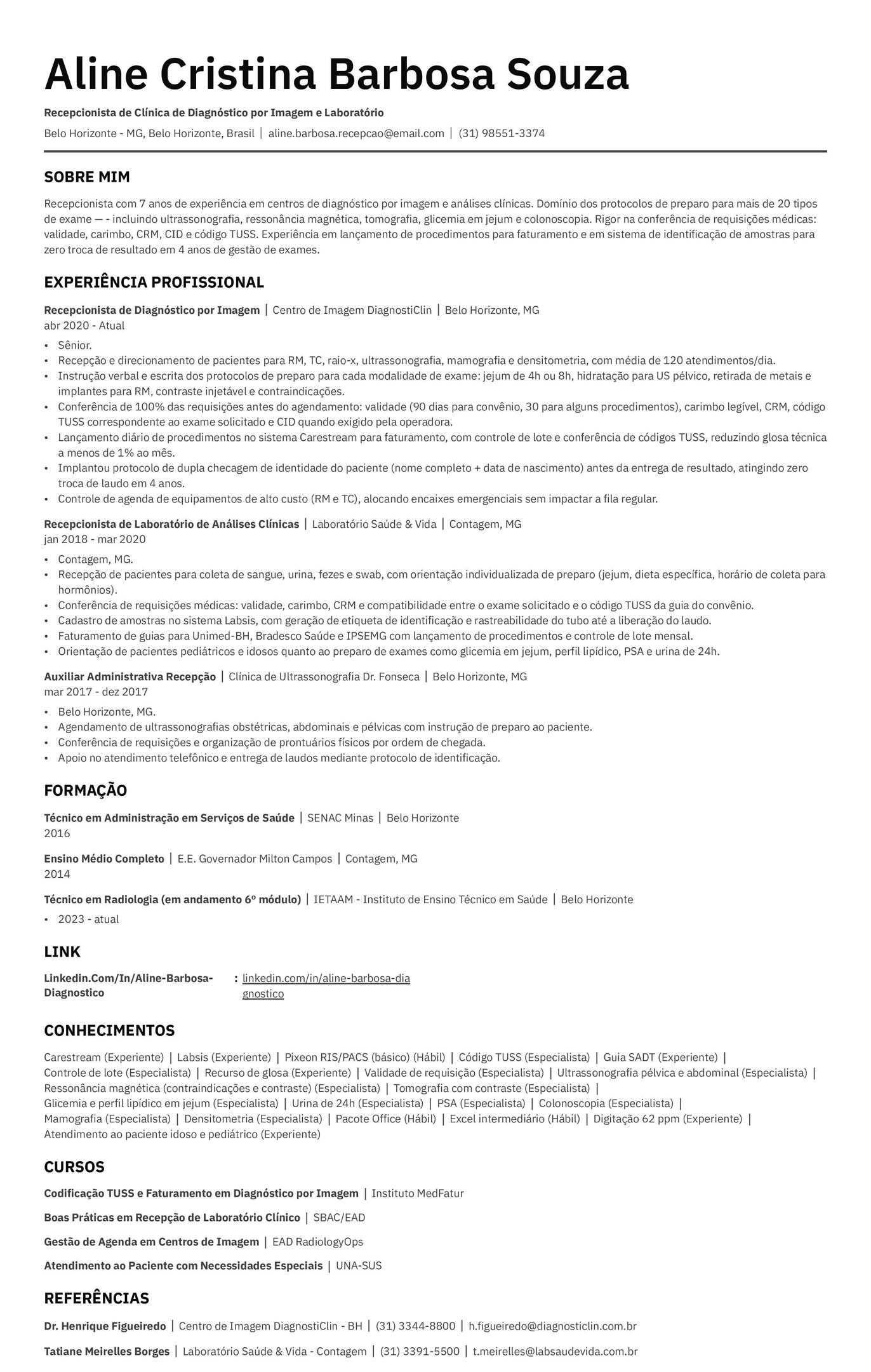 Modelo de currículo para recepcionista médica de clínica de diagnóstico