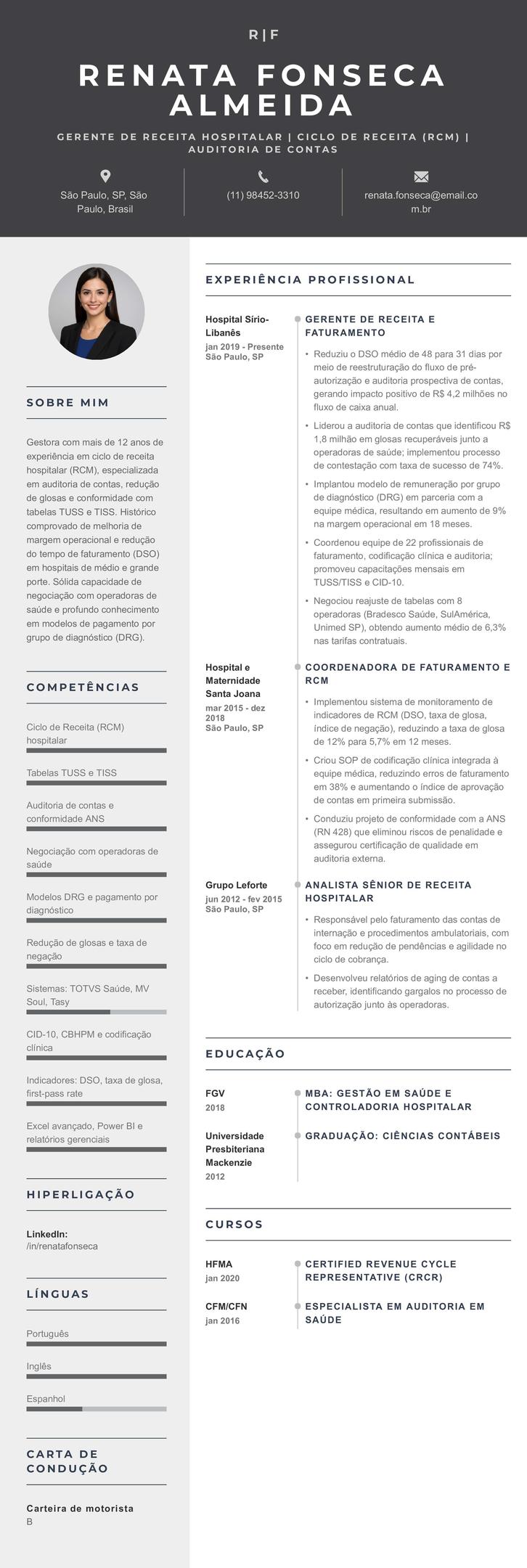 Modelo de currículo de gerente de receita hospitalar
